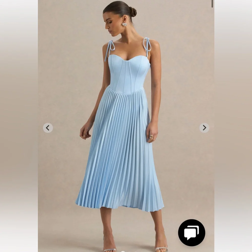 NWT Club L London Peyton Powder Blue Satin Sweetheart-Neck Midi Dress pleats  8